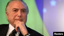 FILE - President of Brazil, Michel Temer, speaks with Reuters Editor-in-Chief Steve Adler about the future of Latin America’s largest economy as it emerges from recession and a large-scale corruption scandal at a Reuters Newsmaker event in New York, Sept. 20, 2017.