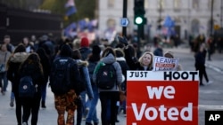 Un manifestant pro-Brexit tient une bannière devant le Parlement à Londres, le mardi 8 janvier 2019. (AP Photo/Matt Dunham)