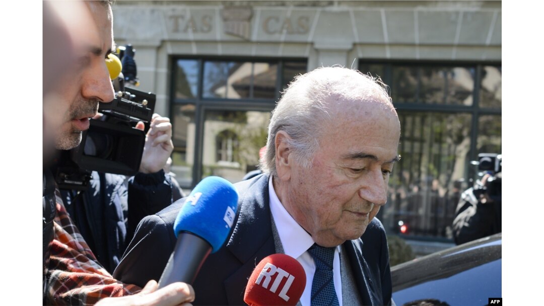 Former FIFA president Sepp Blatter leaves the Court of Arbitration for Sport during the appleal of Michel Platini's against his six-year FIFA ban for ethics violations on April 29, 2016 in Lausanne.