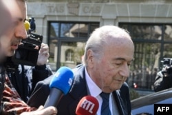 Former FIFA president Sepp Blatter leaves the Court of Arbitration for Sport during the appleal of Michel Platini's against his six-year FIFA ban for ethics violations on April 29, 2016 in Lausanne.