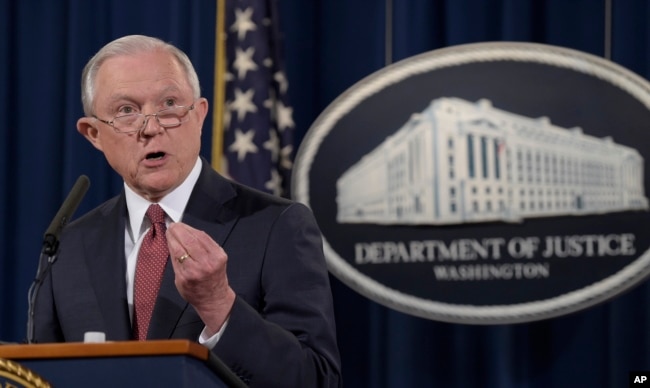 FILE - Attorney General Jeff Sessions makes a statement at the Justice Department in Washington, Sept. 5, 2017.