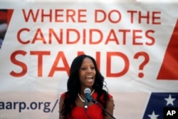 FILE - Congresswoman Mia Love, a Republican from Utah, who is running against Democrat Doug Owens for Utah's 4th Congressional District, speaks in Salt Lake City, Utah, Aug. 31, 2016.
