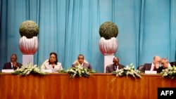 General Babacar Gaye, UN secretary-general's representative to CAR (L), CAR President Catherine Samba Panza (2R), Congo's President Denis Sassou Nguesso (C), AU Commissioner for Peace and Security Smail Chergui (5R) during talks, July 21, 2014. 