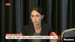 FILE - New Zealand's Prime Minister Jacinda Ardern speaks on live television following fatal shootings at two mosques in central Christchurch, New Zealand, March 15, 2019.