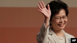 Former Hong Kong Chief Secretary Carrie Lam declares her victory in the chief executive election in Hong Kong, March 26, 2017. A Hong Kong committee has chosen the government's former No. 2 official Lam to be the semiautonomous Chinese city's next leader.