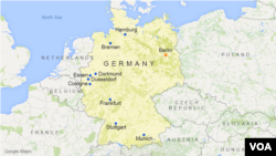 Germany, featuring the cities of Berlin, Hamburg, Munich, Cologne, Frankfurt, Essen, Dortmund, fStuttgart, Dusseldorf, and Bremen