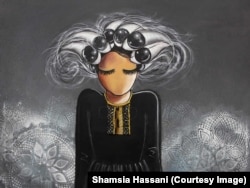 Hassani usually uses the same woman character with closed eyes and without a mouth as symbols of the challenges faced by women in Afghanistan.