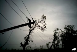 FILE - power lines lay broken after the passage of Hurricane Maria in Dorado, Puerto Rico, Oct. 16, 2017.