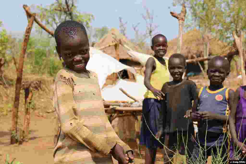 South Sudanese refugee children play in the Bidibidi refugee settlement in Yumbe, Uganda, April 2.