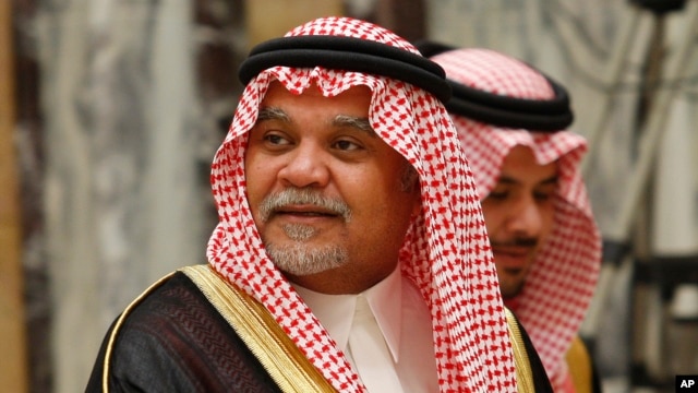 FILE - Saudi Prince Bandar bin Sultan seen at his palace in Riyadh, Saudi Arabia, June 4, 2008.