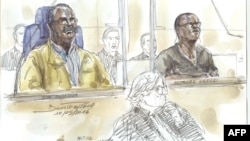 FILE - A courtroom sketch from May 10, 2016 shows Tito Barahira (back, L) and Octavien Ngenzi (back, R), two former Rwandan mayors who are accused of orchestrating "massive and systematic summary executions" in the central African country's 1994 genocide, attending their trial at the Paris (France) courthouse. 