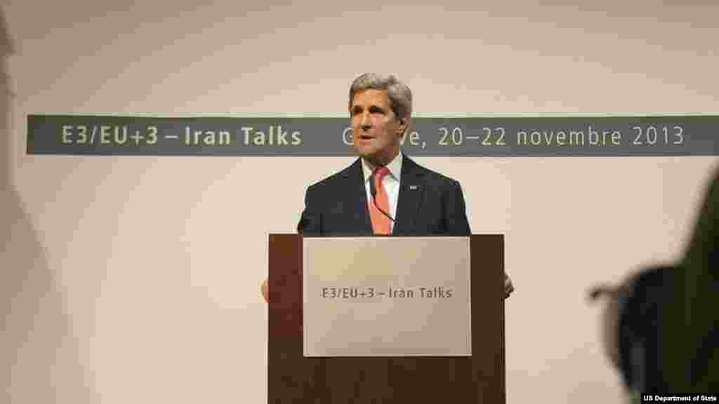 U.S. Secretary of State Kerry addresses reporters and takes some of their questions during a news conference in Geneva, Switzerland, on November 24, 2013, after the P5+1 member nations concluded negotiations with Iran about its nuclear capabilities.