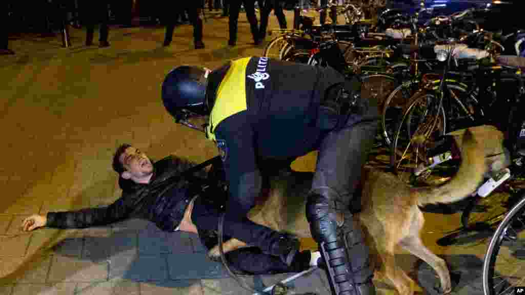 مظاہرے کے دوران ایک پولیس اہلکار اپنے کتے سے ایک شخص کو چھڑوا رہا ہے۔