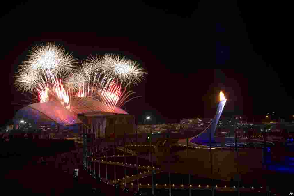 Fireworks explode over Olympic Park during the closing ceremony of the 2014 Winter Olympics, Feb. 23, 2014.