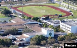 FILE - An aerial view shows Marjory Stoneman Douglas High School following a mass shooting in Parkland, Florida, U.S., Feb. 16, 2018.