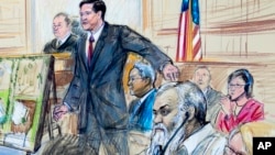 This courtroom sketch depicts Ahmed Abu Khattala listening to a interpreter through earphones during the opening statement by assistant U.S. attorney John Crabb, second from left, at federal court in Washington in the trial presided by U.S. District Judge Christopher Cooper, Oct. 2, 2017.