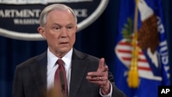 Attorney General Jeff Sessions speaks during a news conference at the Justice Department in Washington, March 2, 2017. 