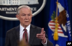 Attorney General Jeff Sessions speaks during a news conference at the Justice Department in Washington, March 2, 2017.