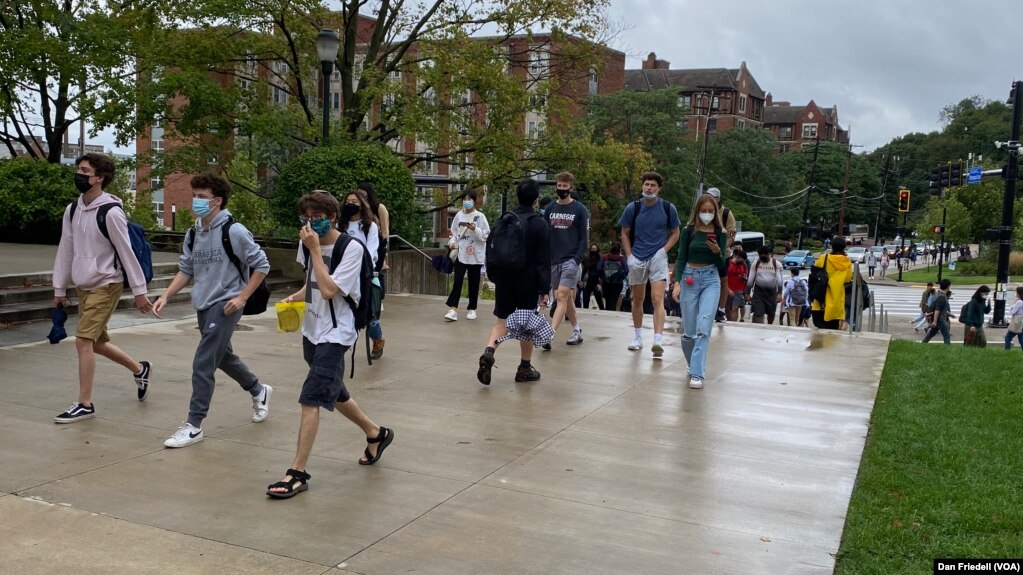 Students walk on the campus of Carnegie Mellon University in Pittsburgh, Pennsylvania.