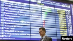 Mykhaylo Okhendovsky, head of the Ukrainian Central Election Commission, walks past a screen displaying the partial results of the parliamentary election at the commission's headquarters in Kyiv, Oct. 27, 2014.