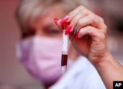 Seorang staf medis menunjukkan darah yang diambil dari seorang pasien lansia untuk tes antibodi di Budapest, Kamis, 8 Juli 2021. (AP)