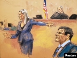 Assistant U.S. Attorney Amanda Liskamm points at the accused Mexican drug lord Joaquin "El Chapo" Guzman, right, while delivering a rebuttal during the trial of Guzman in this courtroom sketch in Brooklyn federal court in New York City, Jan. 31, 2019.