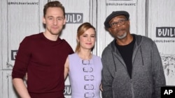Actors Tom Hiddleston, left, Brie Larson and Samuel L. Jackson participate in the BUILD Speaker Series to discuss the film "Kong: Skull Island" at AOL Studios, March 6, 2017, in New York.