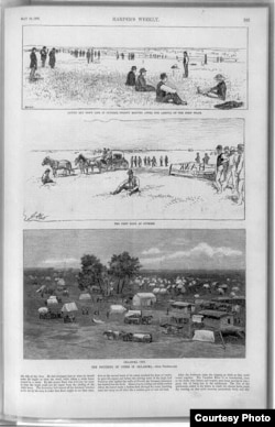 This page from a “Harper’s Weekly” edition in 1893 shows another portion of Oklahoma, soon after settlement. The tents in the bottom panel turned into the first structures in what is now the state’s capital, Oklahoma City. (Library of Congress)