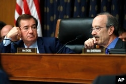 House Foreign Affairs Committee Chairman Ed Royce, R-California, left, and the committee's ranking member Rep. Eliot Engel, D-New York, both co-sponsors of a new Hezbollah sanctions bill, listen during a committee hearing, on Capitol Hill in Washington, Sept. 12, 2017.