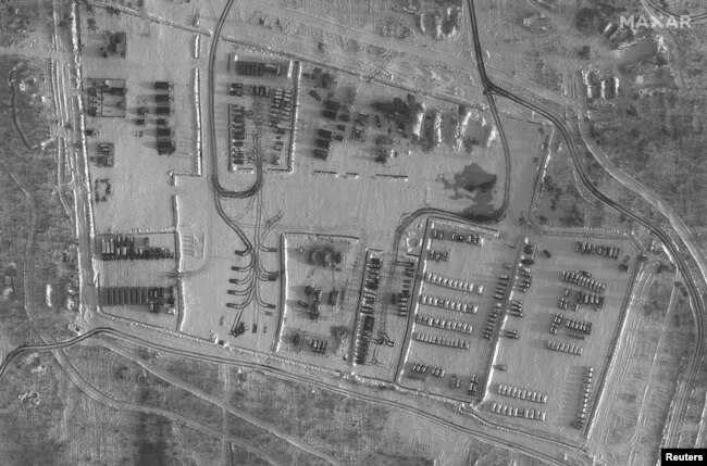 A satellite image shows a Russian battle group deployment in Pogonovo Training Area near Voronezh, Russia, Dec. 21, 2021. Satellite Image ©2021 Maxar Technologies.