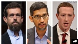 This combination of 2018-2020 photos shows, from left, Twitter CEO Jack Dorsey, Google CEO Sundar Pichai, and Facebook CEO Mark Zuckerberg. The CEOs of social media giants Facebook, Twitter and Google were grilled by Congress, March 25, 2021.