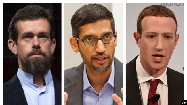 This combination of 2018-2020 photos shows, from left, Twitter CEO Jack Dorsey, Google CEO Sundar Pichai, and Facebook CEO Mark Zuckerberg. The CEOs of social media giants Facebook, Twitter and Google were grilled by Congress, March 25, 2021.