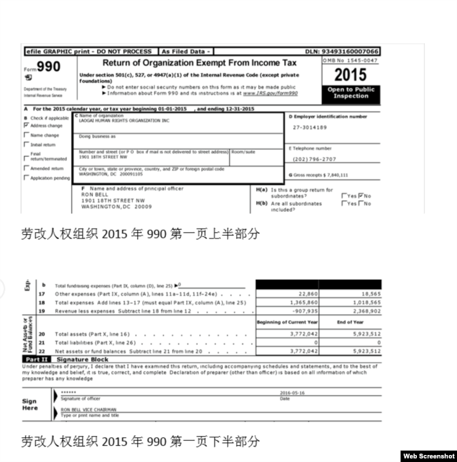 勞改人權組織2015年990 (網絡截圖)