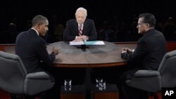 President Barack Obama speaks as Republican presidential nominee Mitt Romney and moderator Bob Schieffer listen during the third presidential debate at Lynn University, October 22, 2012, in Boca Raton, Flordia.