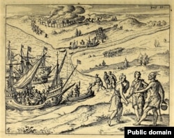 This busy 1617 engraving purports to show the British abducting Pocahontas. Courtesy, John Carter Brown Library, Brown University.