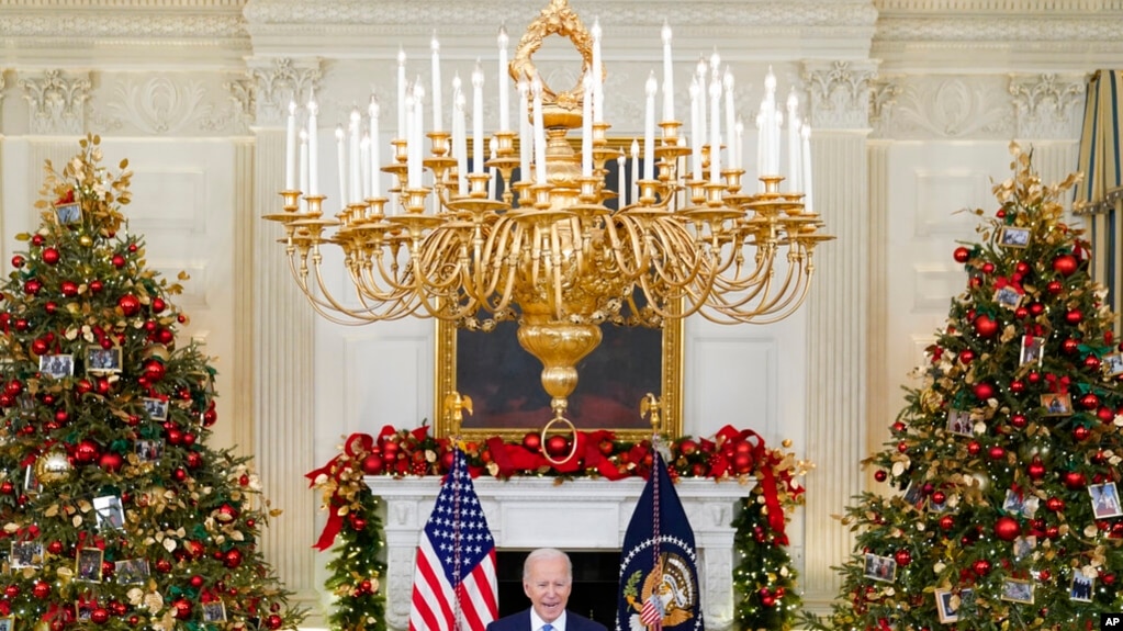 President Joe Biden speaks about the COVID-19 response and vaccinations, in the State Dining Room of the White House in Washington, Dec. 21, 2021. 