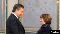 Ukraine's President Viktor Yanukovych (L) shakes hands with European Union foreign policy chief Catherine Ashton during their meeting in Kyiv Dec. 10, 2013.