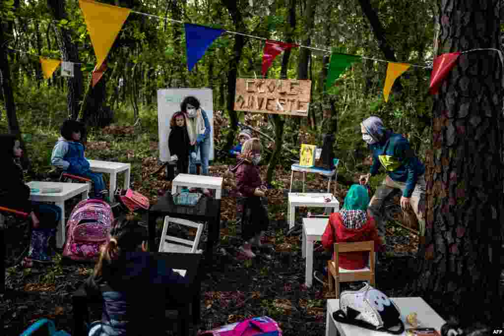 Children attend a class in the forest near Upie, France. - Some childen went to &quot;school&quot; again in oak and pine trees with parents acting as teachers, to protest against the non-reopening of the school in the village.