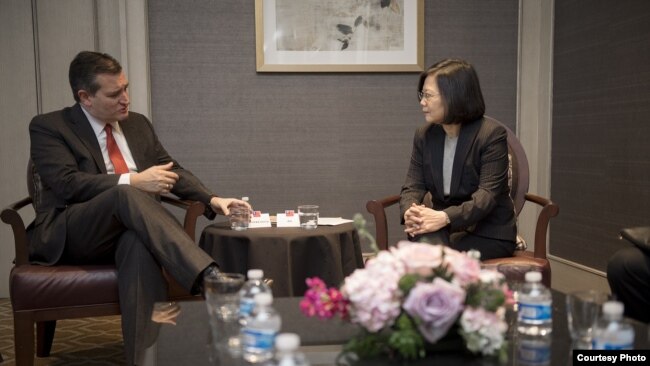 蔡英文与美国联邦参议员克鲁兹会谈(2017年1月8日，台湾总统府图片)
