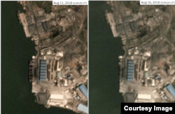 송림 석탄 항구를 촬영한 지난달 11일(왼쪽)과 16일 위성사진. 11일 사진에 대형 선박이 포착됐다. 사진제공=Planet Labs Inc.