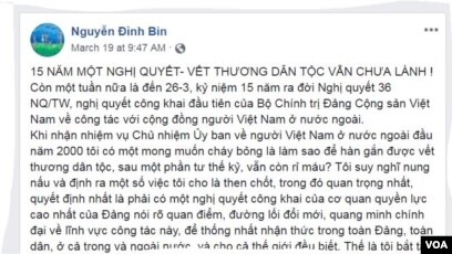 Một đoạn trong bài viết trên trang FB của ông Nguyễn Đình Bin.