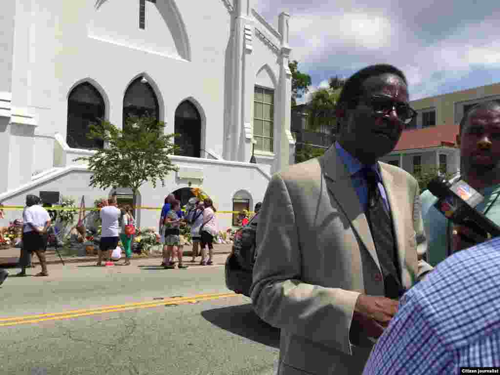 Church member and Charleston District Six council member William Gregorie speaks to the media, July 19, 2015. (Amanda Scott/VOA)