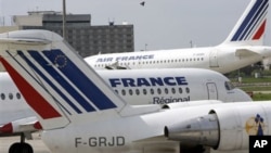 Air France planes are parked at Roissiy-Charles de Gaulle airport, north of Paris.