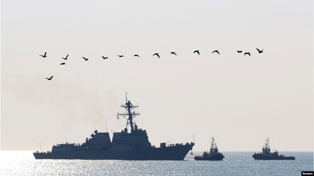 FILE - The USS Truxtun, a U.S. guided-missile destroyer, enters the Black Sea port of Varna, Bulgaria, March 13, 2014.