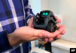 FILE - Anki Inc. CEO Boris Sofman holds Vector, the company's newest home robot, in New York, July 30, 2018.