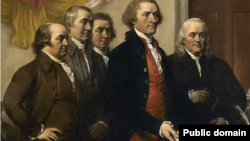 五人小组(The Committee of Five)于1776年6月向大陆议会提交独立宣言初稿(约翰·特朗布尔1819年的画作)
