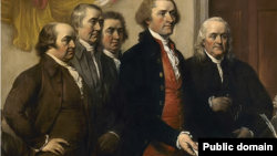 Na slici Džona Trambula iz 1819. Komitet petorice (Džon Adams, Tomas Džeferson, Bendžamin Frenklin, Rodžer Šerman, Robert Livingston) predstavlja prvi nacrt Deklaracije nezavisnosti u junu 1776, from John Trumbull's 1819 painting.
