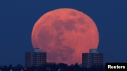 A full moon rises behind blocks of flats in north London, Britain, Jan. 31, 2018.