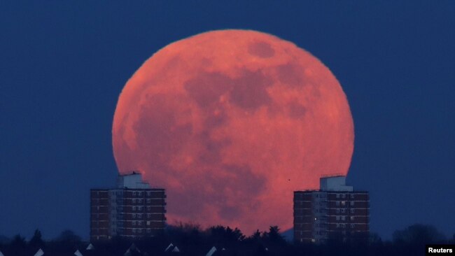 A full moon rises behind blocks of flats in north London, Britain, Jan. 31, 2018.