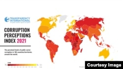 This map graphic from Transparency International shows the results of the anti-corruption organization's 2021 Corruption Perceptions Index.